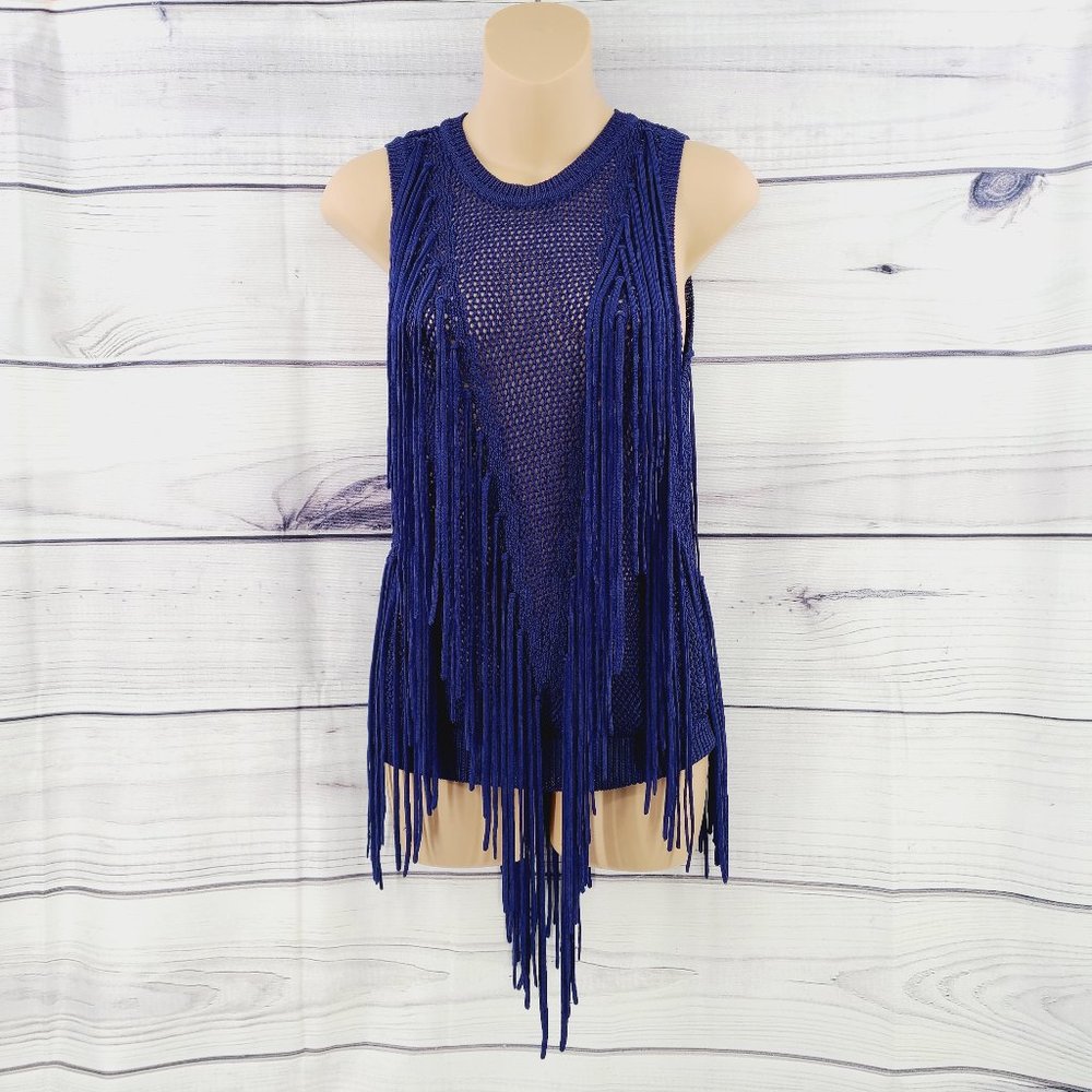 TORN BY RONNY KOBO Ronja Navy Fringed Knit Top XS